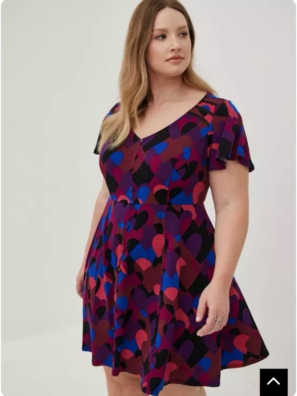 Plus Size V-Neck Fit & Flare Dress in Multicolor Heart Print. Torrid Size 2